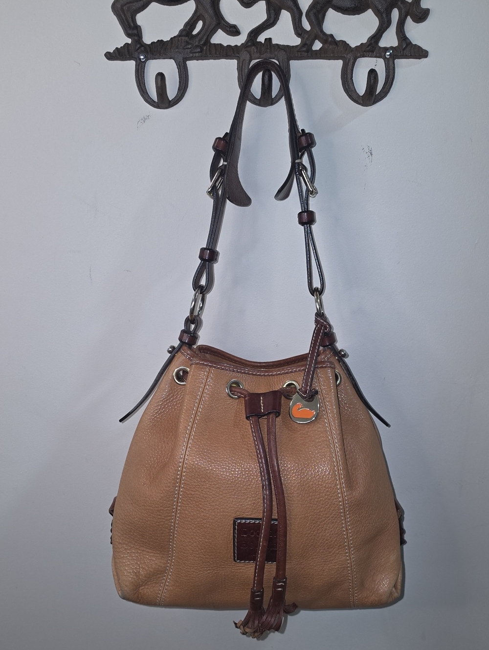 Dooney & Bourke Tan Pebbled Leather Drawstring Bucket Bag Dark Brown DB